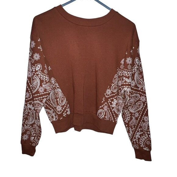 Belle‎ du Jour Women Size XS Block Print Pullover Sweatshirt Brown Paisley Boho - Picture 2 of 11